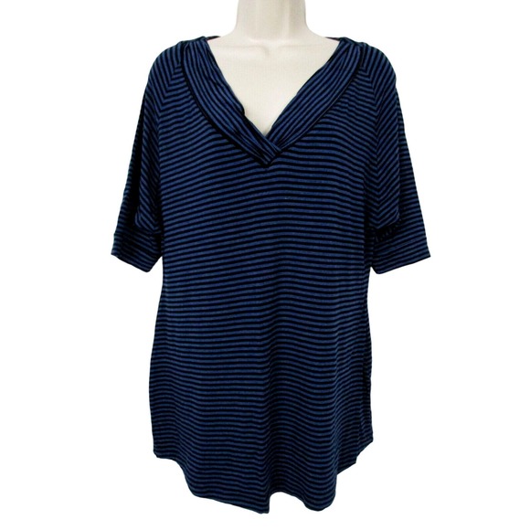 Soma Top Womens Medium Striped Knit Blue Black V-Neck Short Sleeve Casual Comfy - Picture 1 of 10